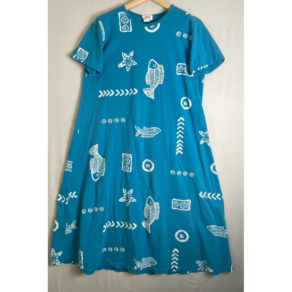 JOSTAR Made in USA Midi Dress  Aqua Green with White Fish Women's Size L
